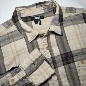 Paige Mens Cotton Everett Plaid Collared Long Sleeve Buttoned-Down Tan Size S